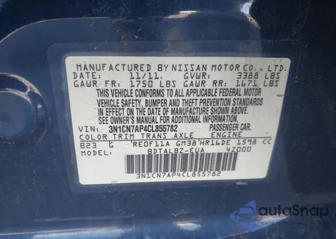 2012 Nissan Versa 1.6 Sv from USA, damaged, VIN 3N1CN7AP4CL855782